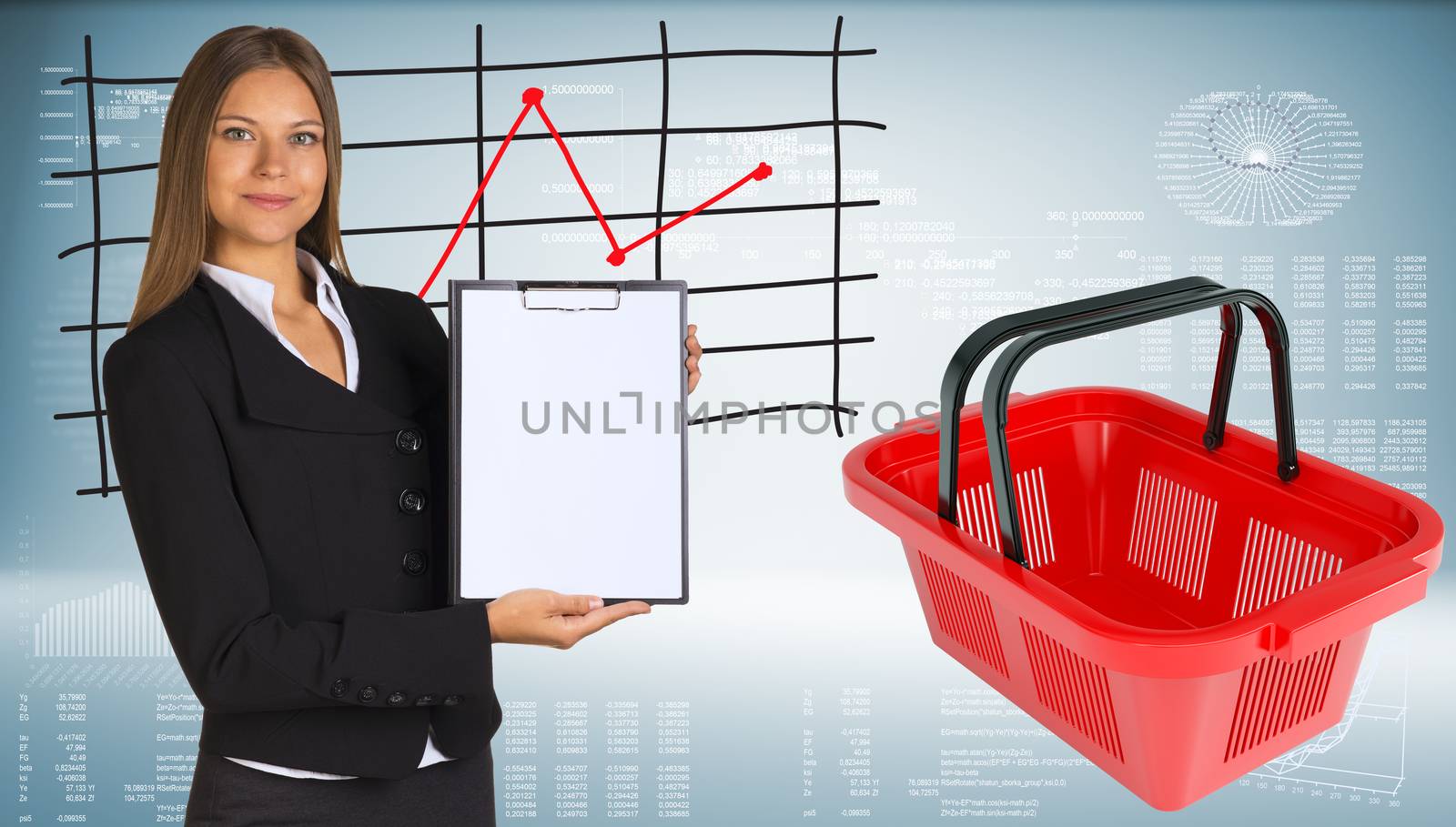 Businesswoman holding paper holder. Shopping basket with graph of price changes as backdrop
