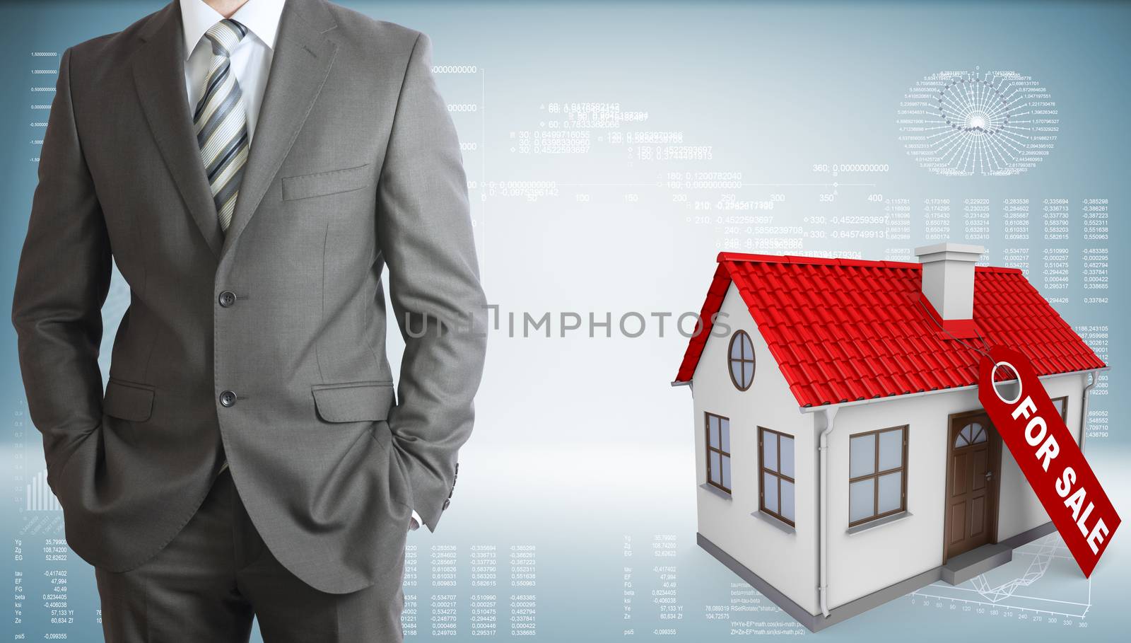 Businessman in suit. Small house with a label for the sale