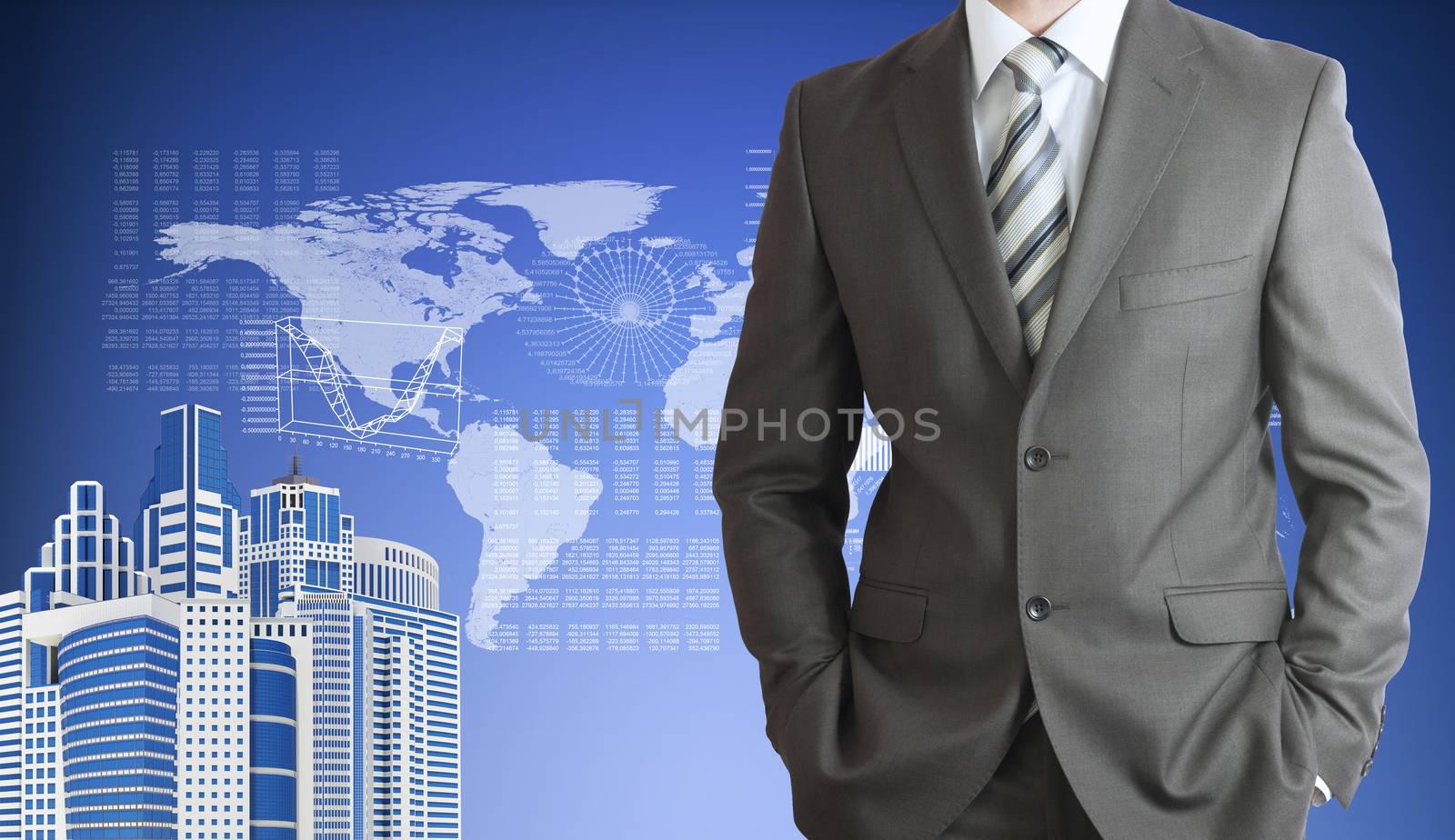 Businessman in suit. World map, skyscrapers and graphs as backdrop