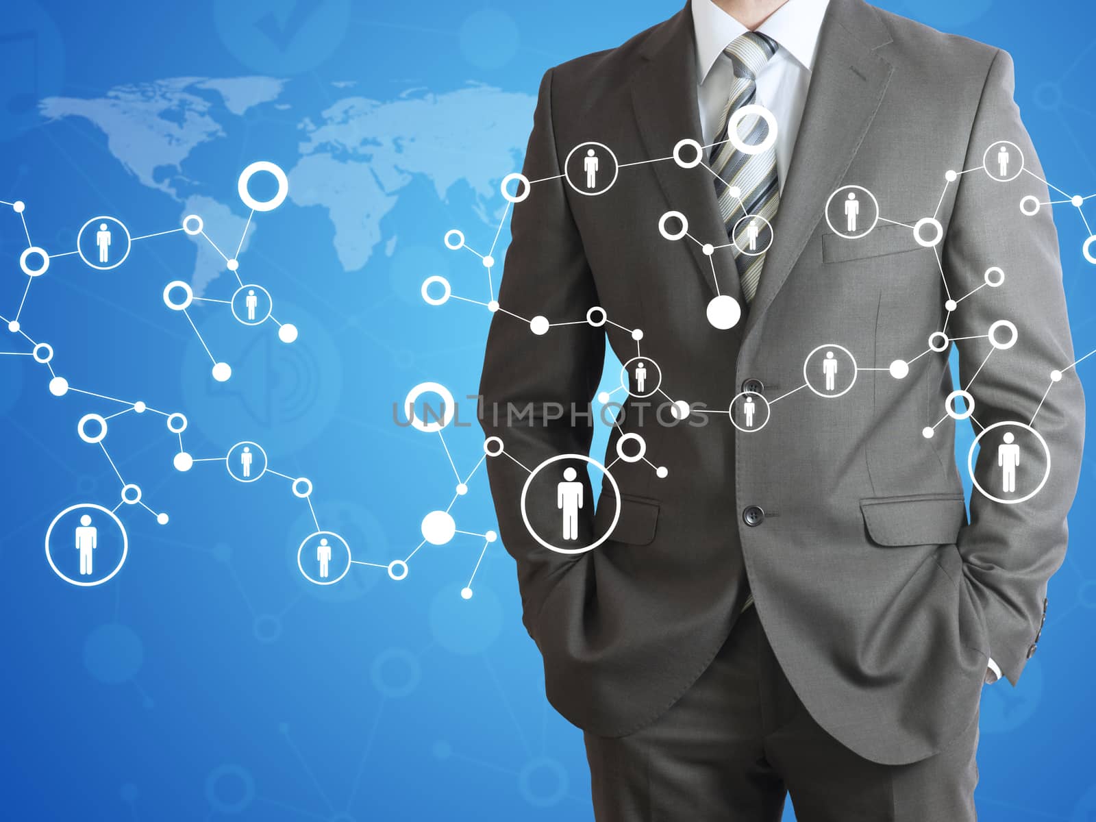 Businessman in a suit. World map with contacts as backdrop