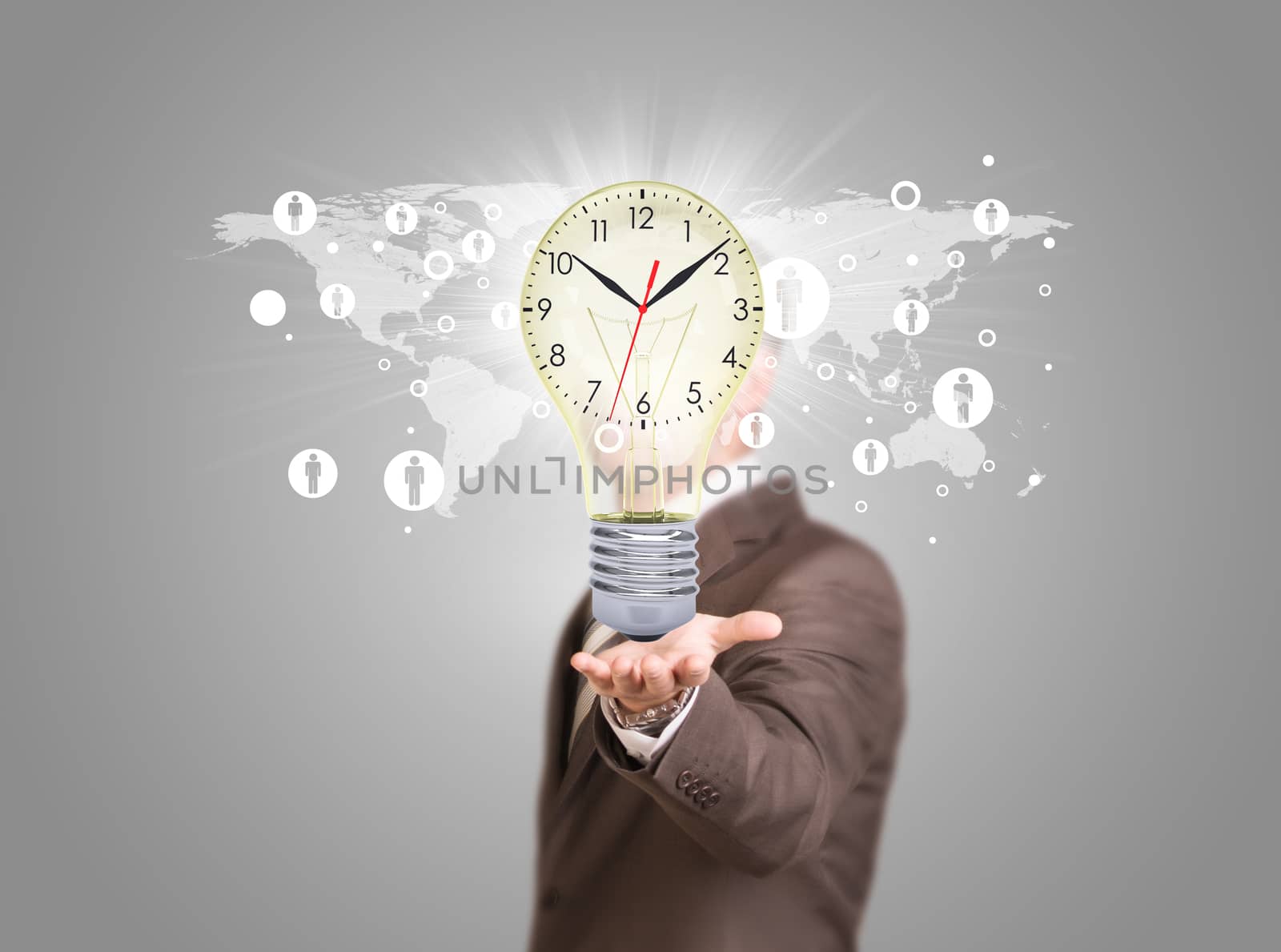 Businessman in a suit hold bulb with clock by cherezoff