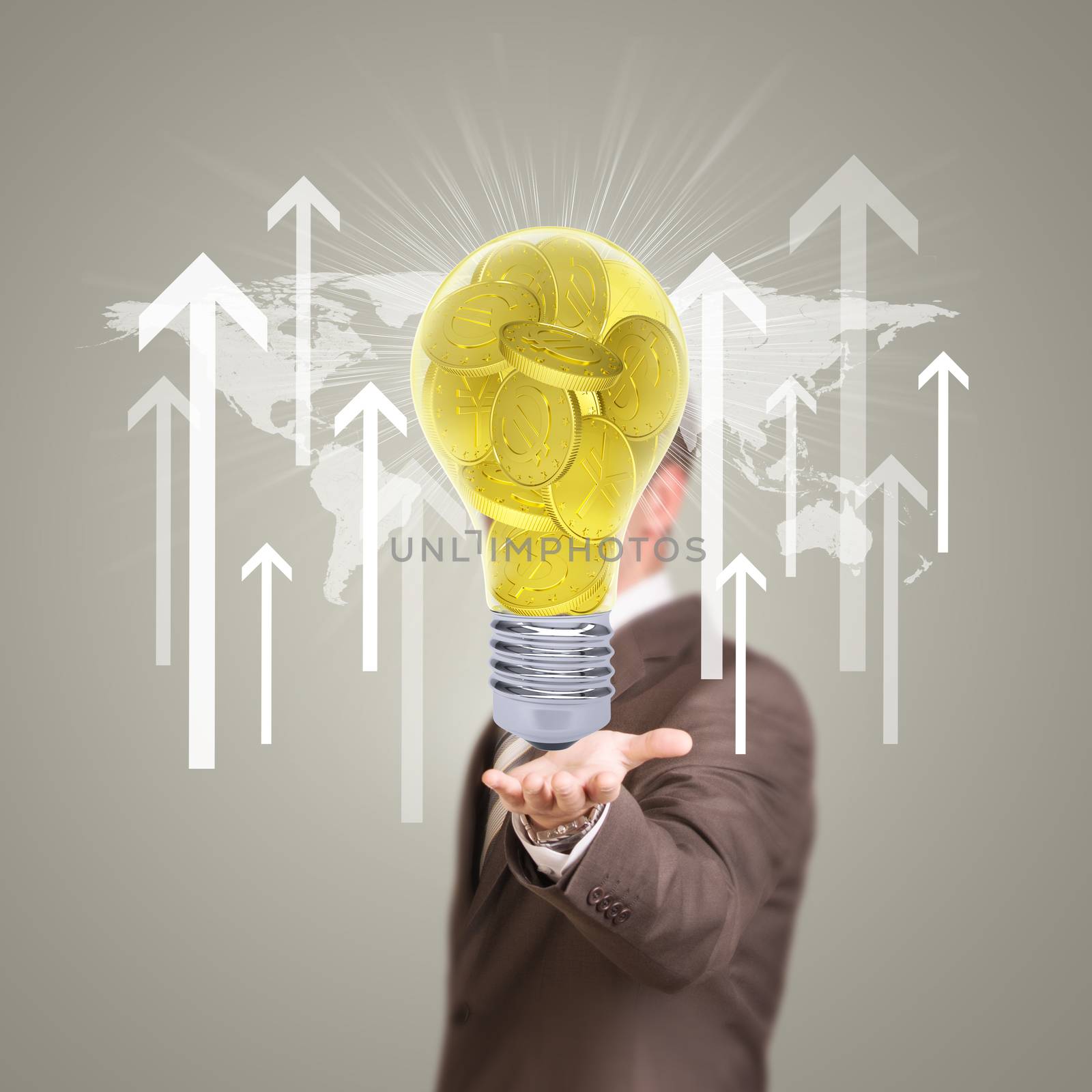 Businessman in a suit hold bulb with gold coins by cherezoff