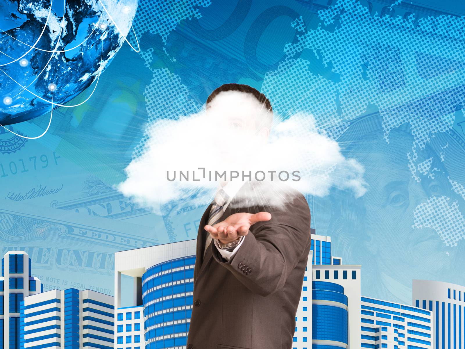 Earth with lines, skyscrapers and money. Businessman hold cloud. Elements of this image are furnished by NASA