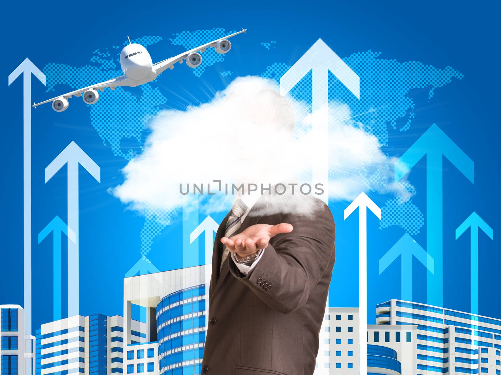 World map, airplane, skyscrapers and arrows. Businessman in a suit hold cloud
