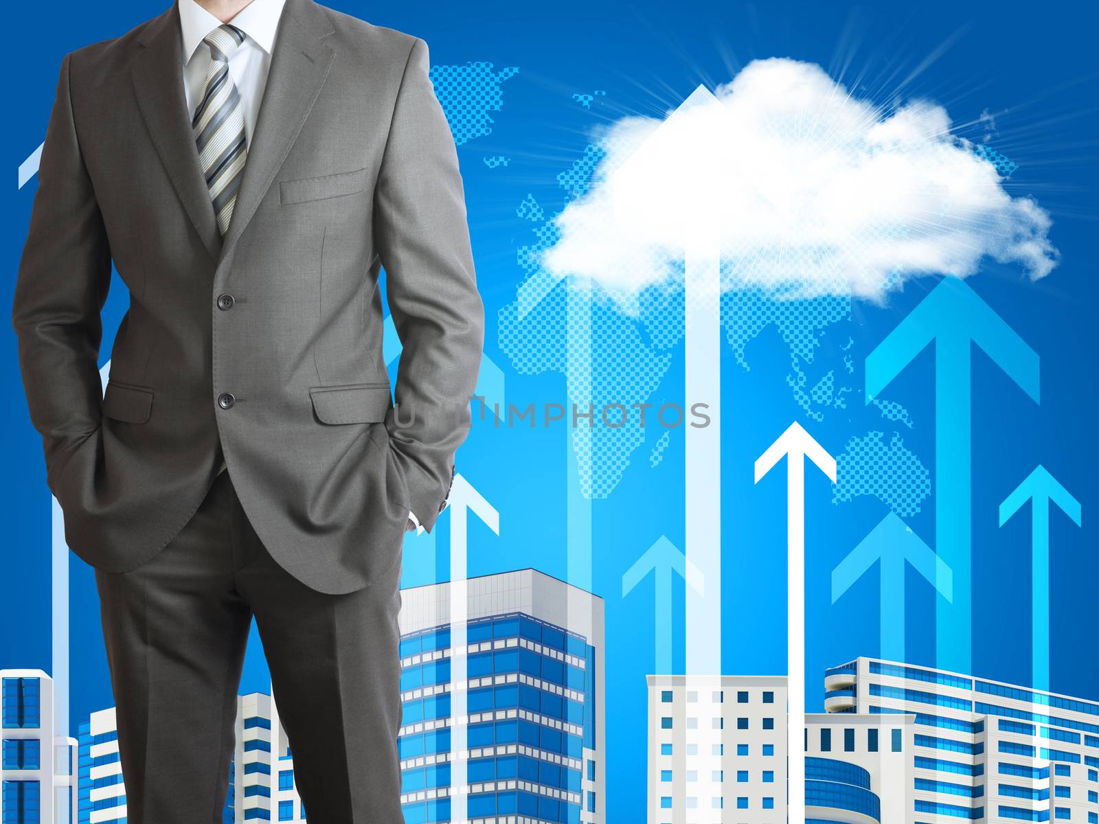 Businessman in suit. Cloud, skyscrapers and arrows as backdrop