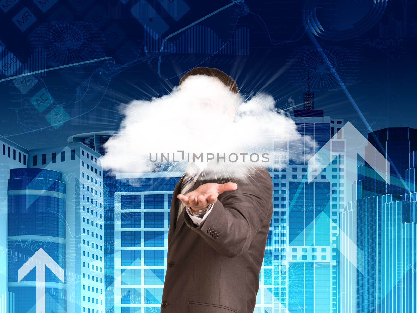 Skyscrapers and arrows. Businessman in a suit hold cloud