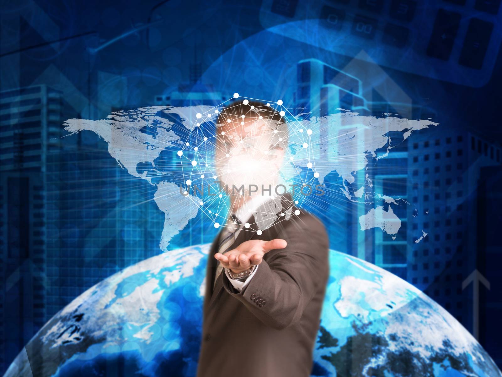 Earth and skyscrapers. Businessman hold world map. Elements of this image are furnished by NASA