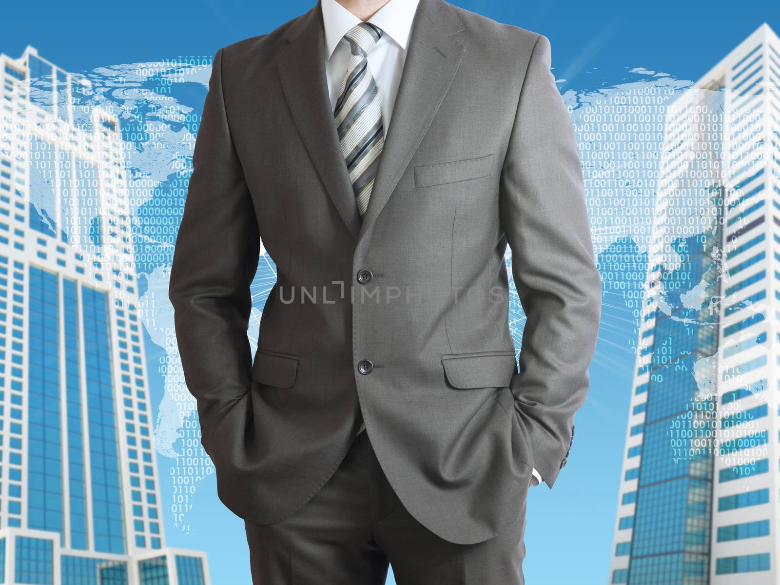 Businessman in a suit. Skyscrapers with world map as backdrop
