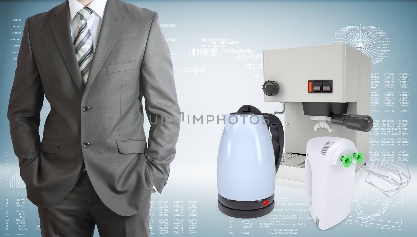 Business man with coffee machine, kettle and blender by cherezoff