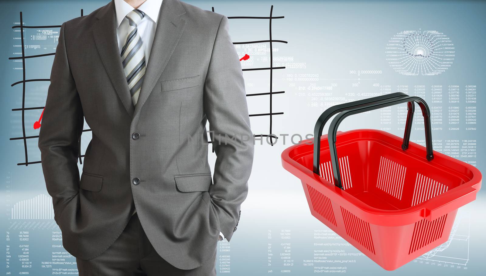 Businessman in suit. Shopping basket with graph of price changes as backdrop