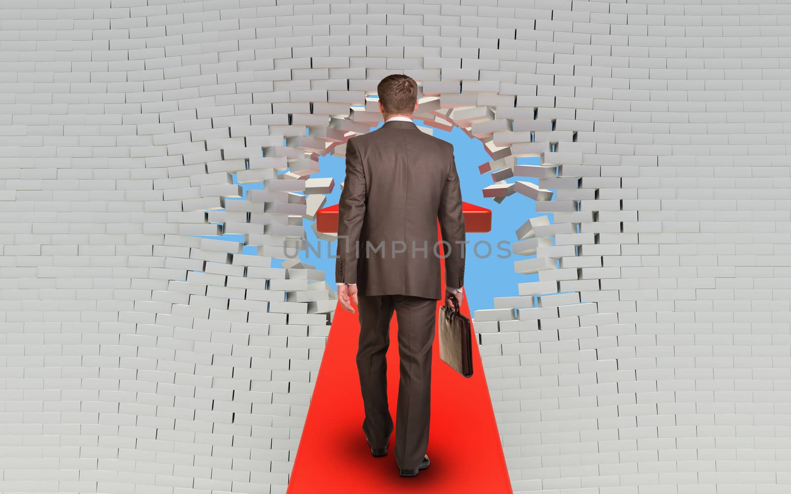 Businessman walking on arrow pierced brick wall by cherezoff