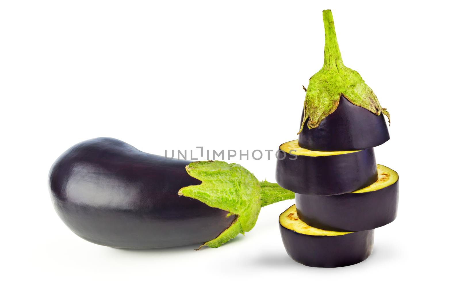 One eggplant and four slices isolated on white background