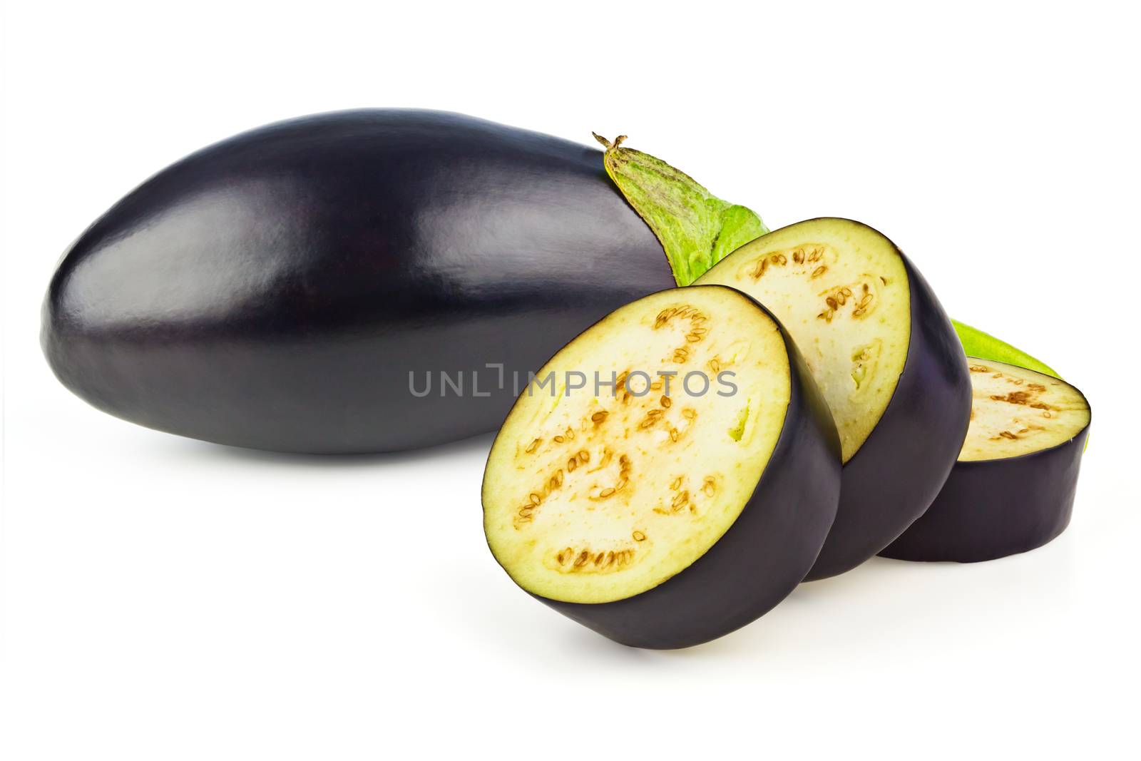 One eggplant and three slices isolated on white background