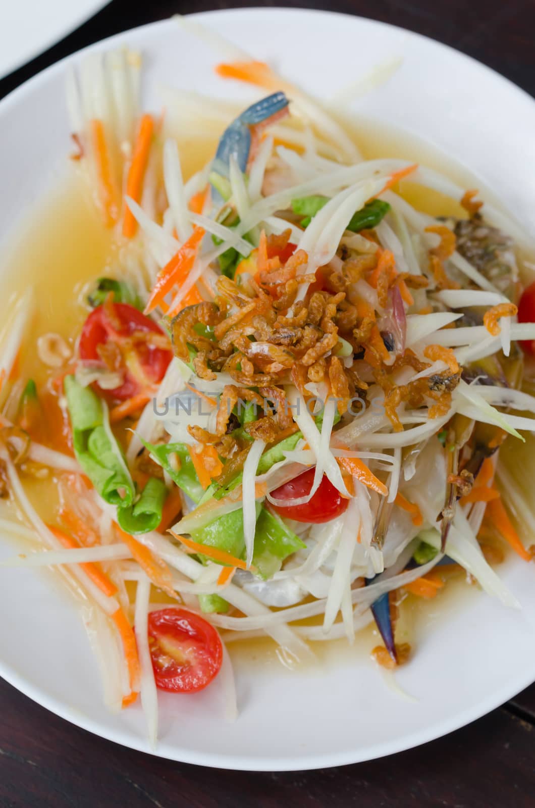 top view spicy papaya salad with crab , asian spicy food