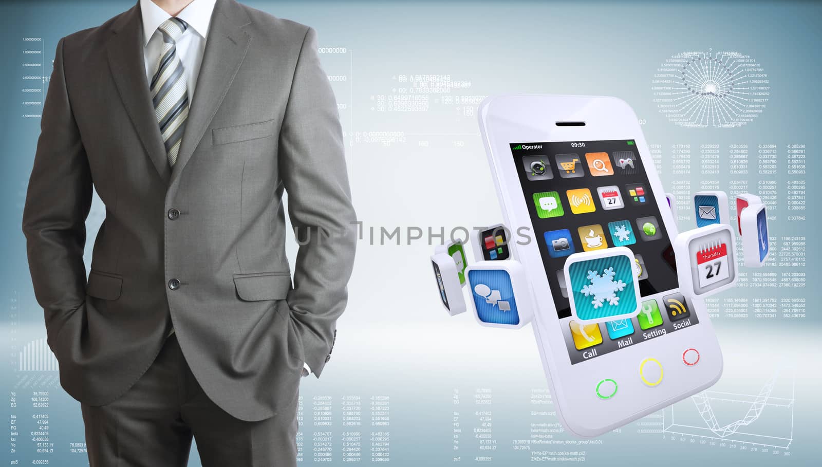 Businessman in suit. Smartphones with colorful apps as backdrop