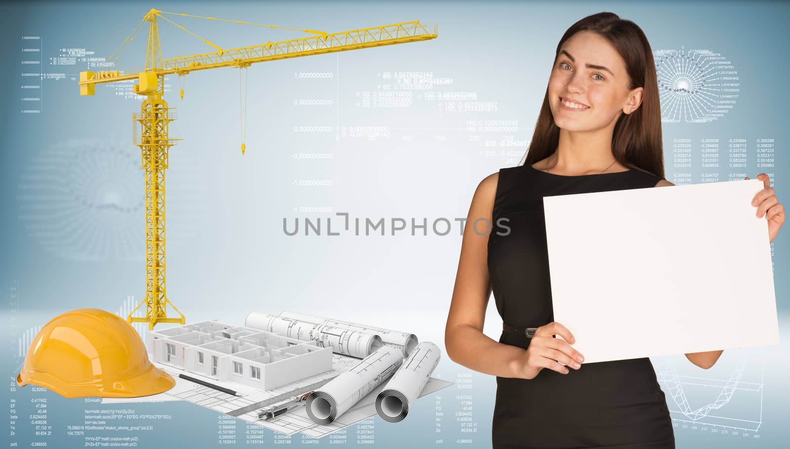 Businesswoman hold paper sheet. Drawings, tower crane, helmet and building walls