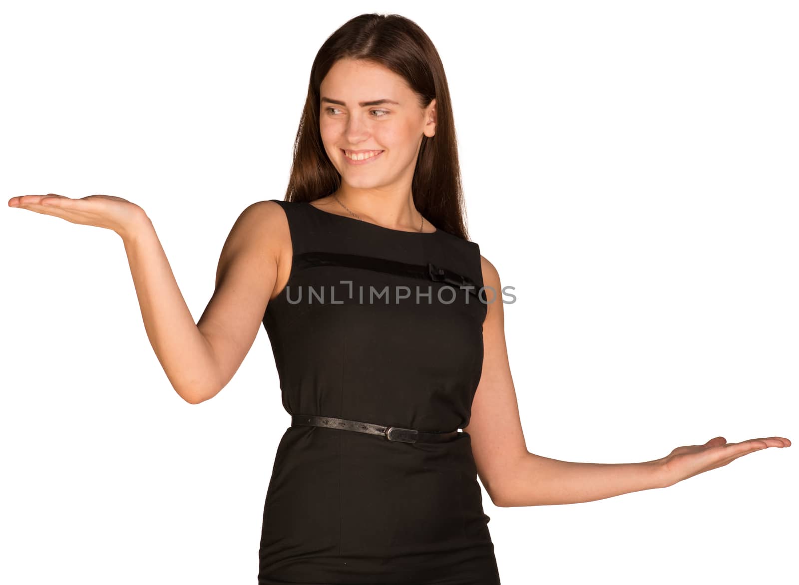 Businesswoman in dress showing empty palms. Isolated on the white background