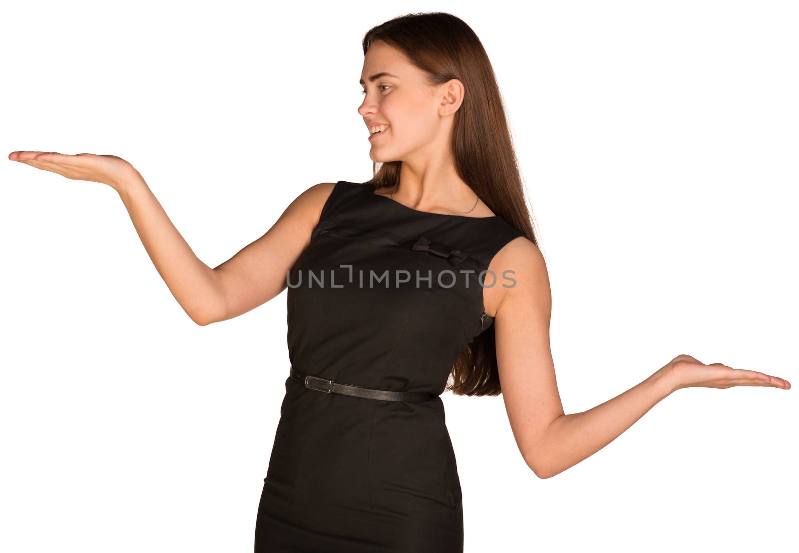 Businesswoman in dress showing empty palms. Isolated on the white background