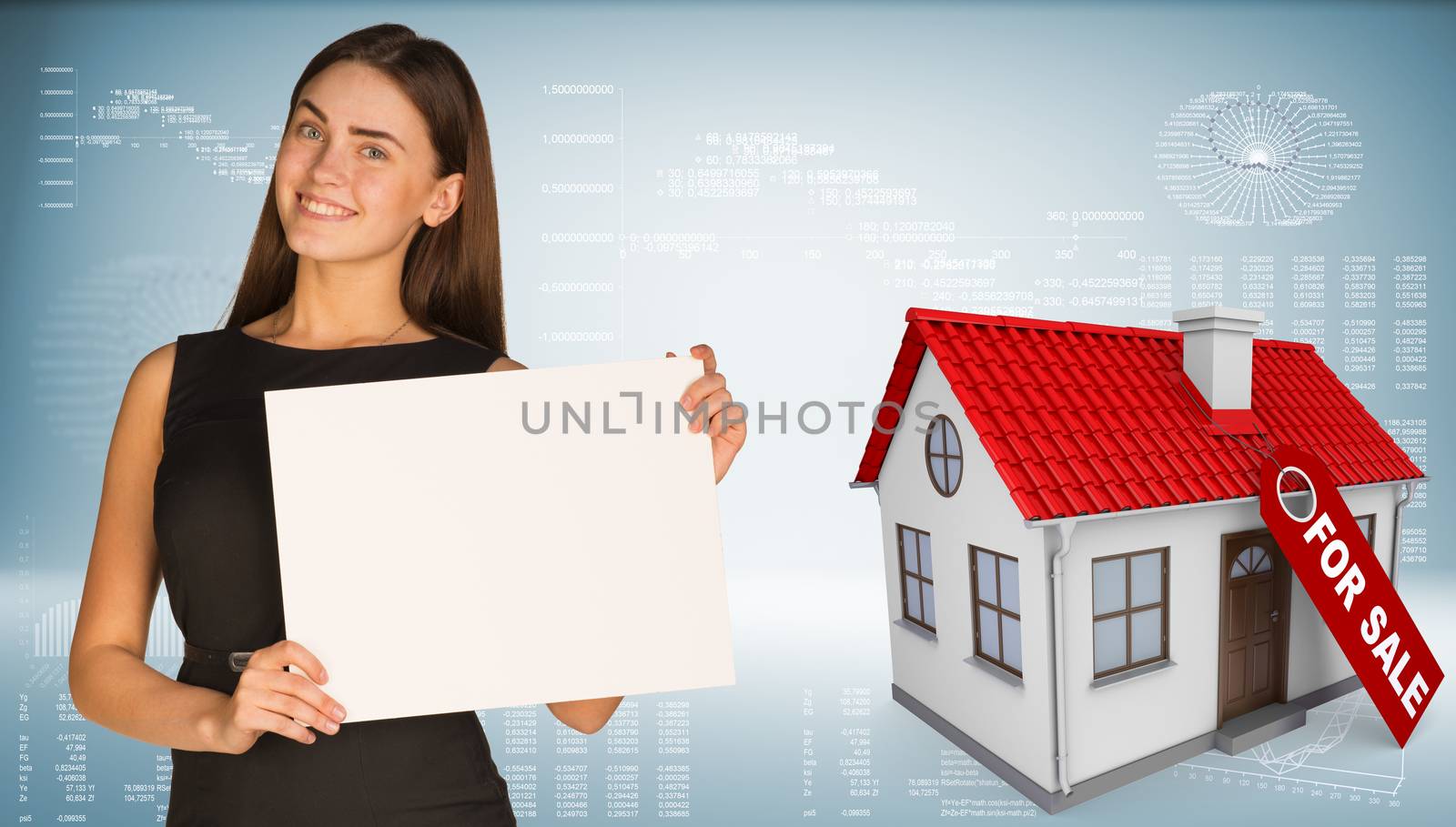 Businesswoman and house with label for the sale by cherezoff
