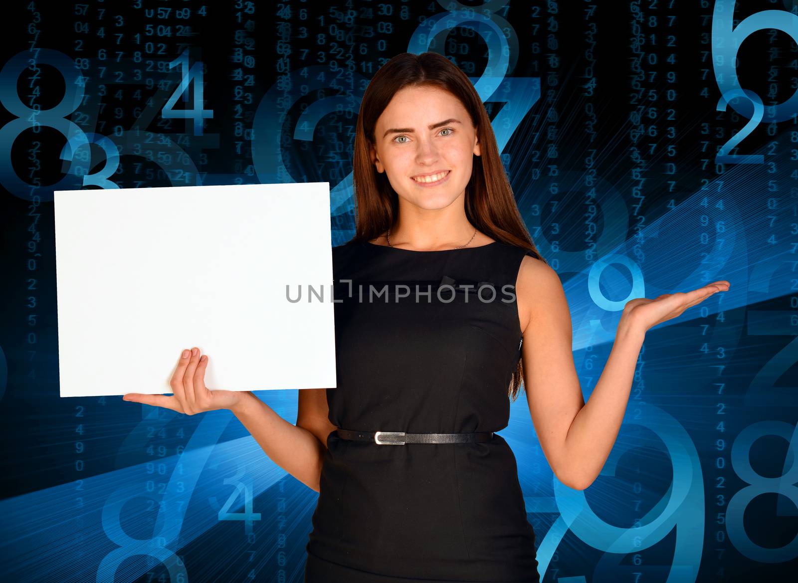 Businesswoman holding paper sheet. Blue glowing figures as backdrop