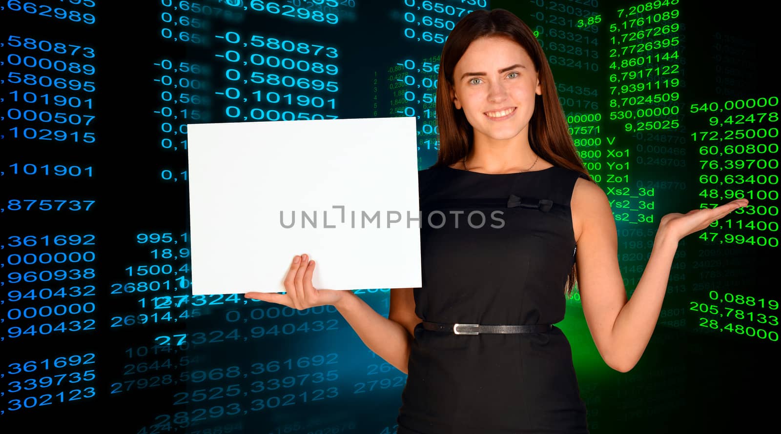 Businesswoman holding paper sheet. Glowing figures as backdrop