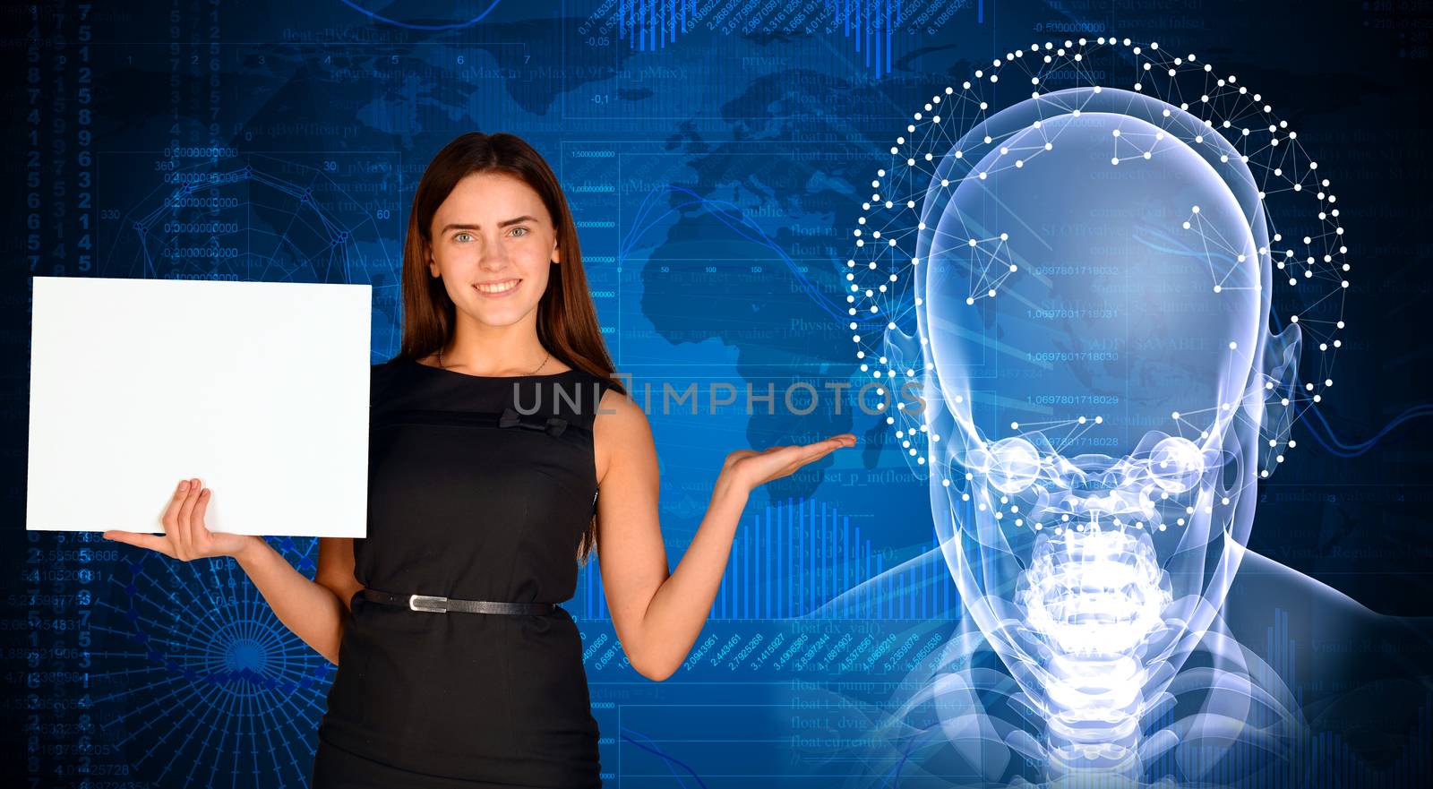 Businesswoman holding paper sheet. X-ray image of head, graphics and communication as backdrop