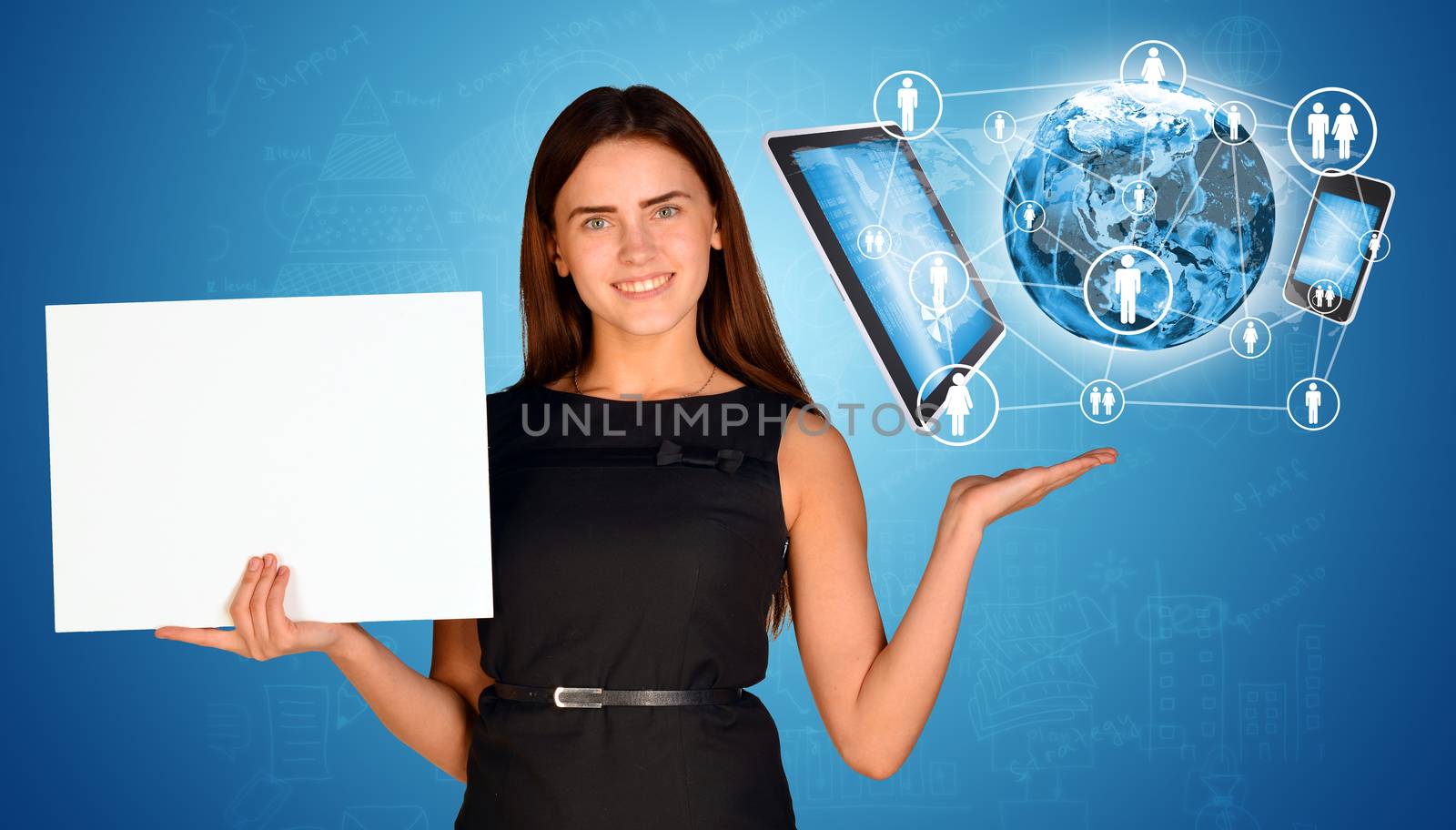 Businesswoman holding empty paper sheet and Earth with electronics. Elements of this image are furnished by NASA
