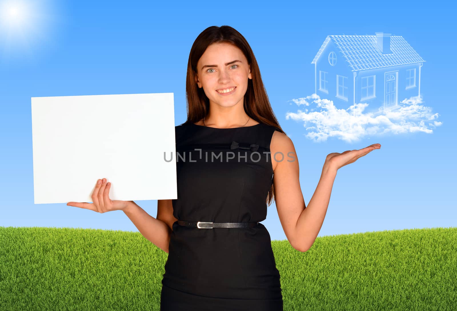 Businesswoman holding paper sheet and house of clouds by cherezoff