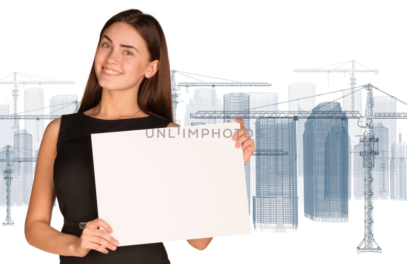 Businesswoman holding paper sheet. Wire frame tower crane and skyscrapers as backdrop