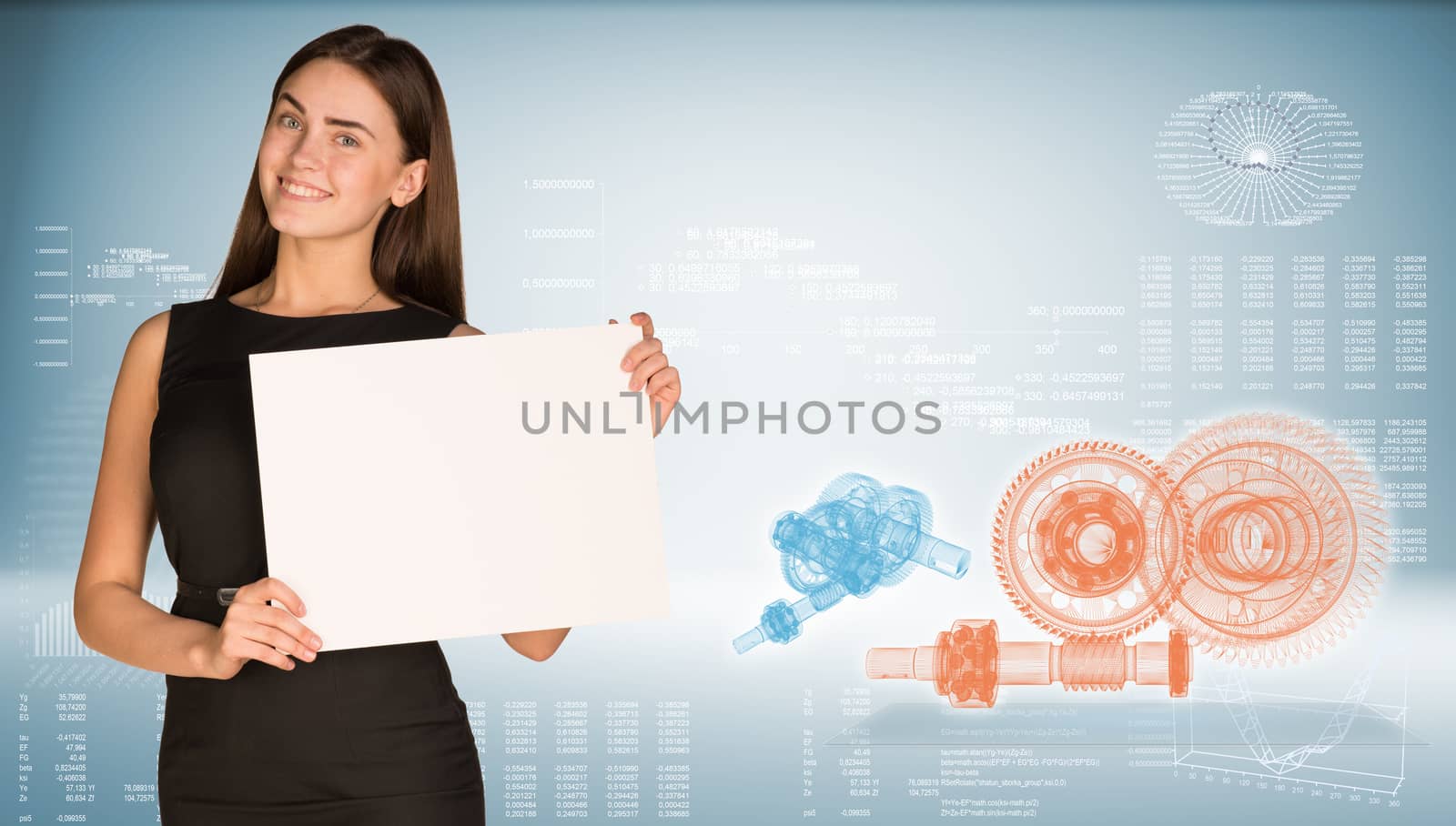 Businesswoman holding paper sheet. High-tech wire-frame gears and graphs as backdrop