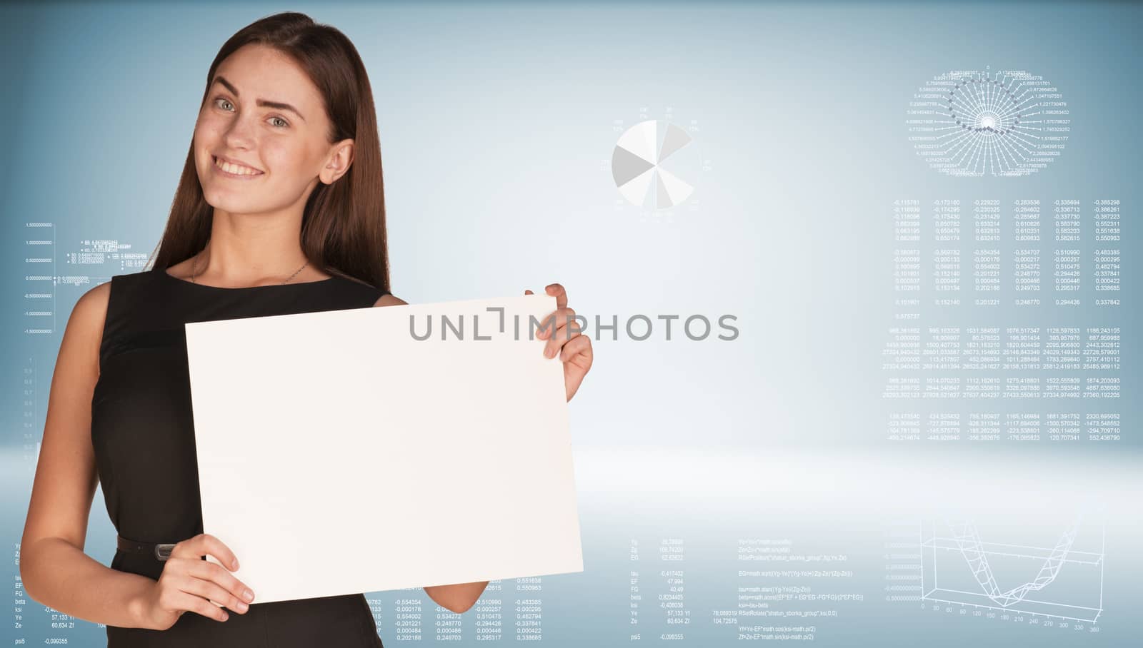 Businesswoman holding paper sheet. High-tech graphs as backdrop