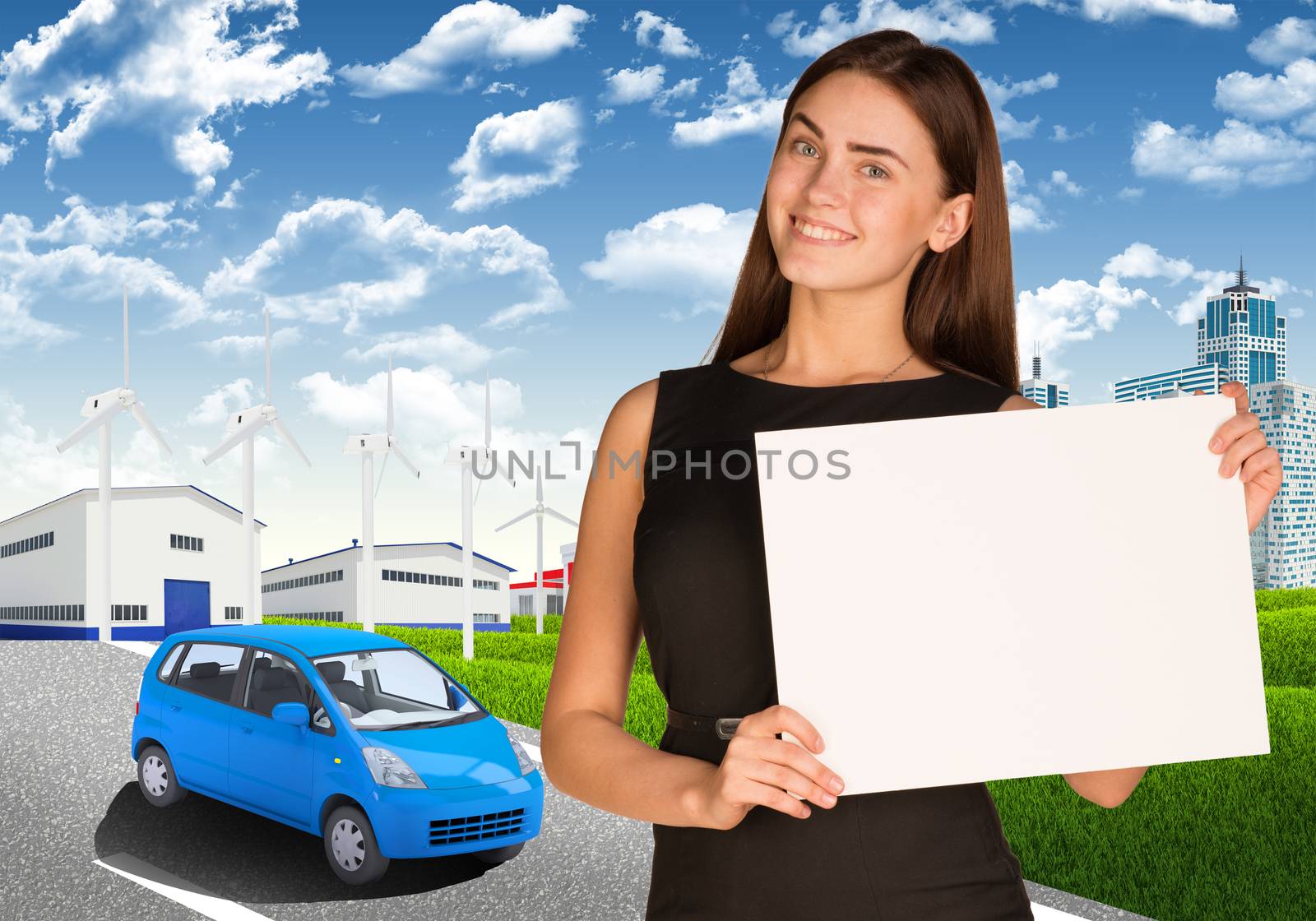 Businesswoman holding paper sheet. Road, skyscrapers and industrial area as backdrop