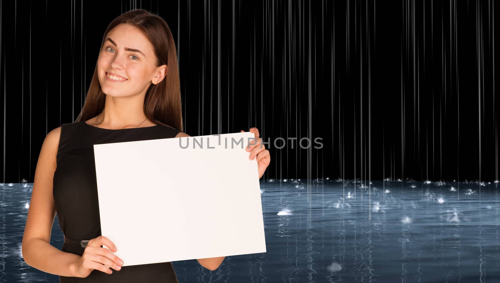 Businesswoman holding paper sheet. Rain and surface waters as backdrop