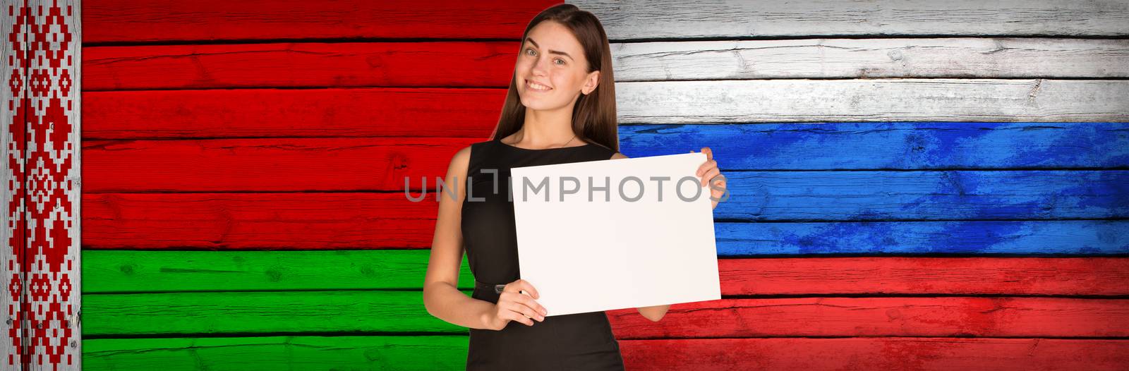 Businesswoman holding paper sheet. Belarus and Russian flags as backdrop