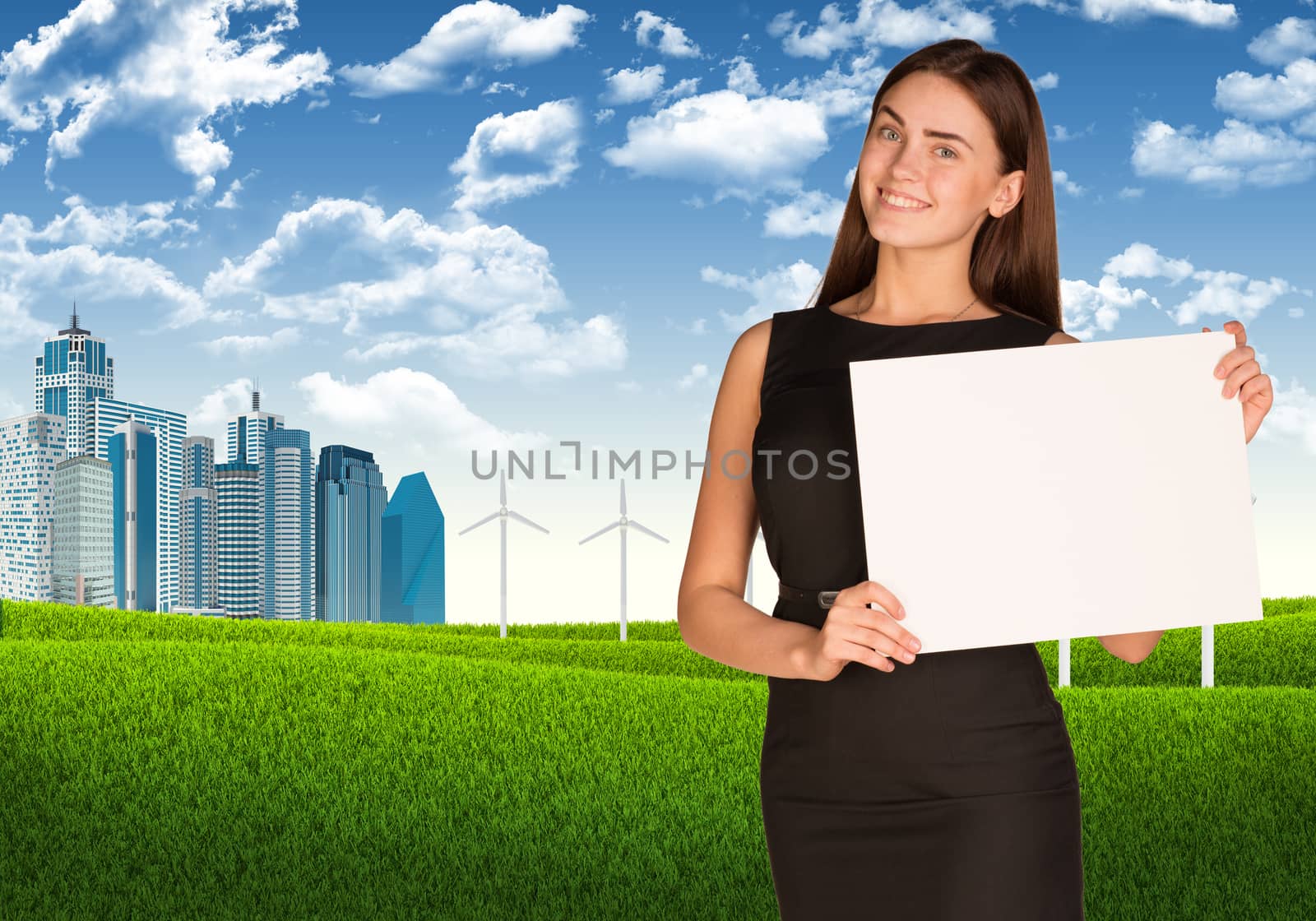 Businesswoman hold white paper. Blue sky, green grass and skyscrapers as backdrop