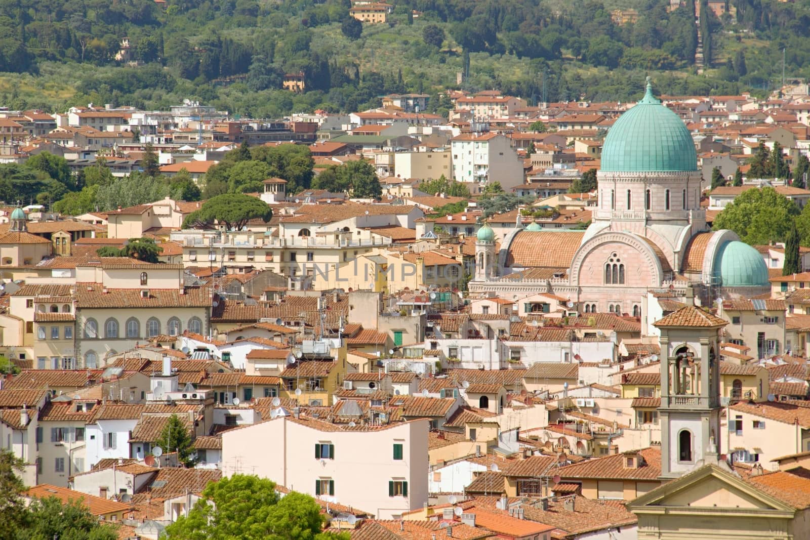 Photo shows a general view onto the city with its roofs, houses and trees.