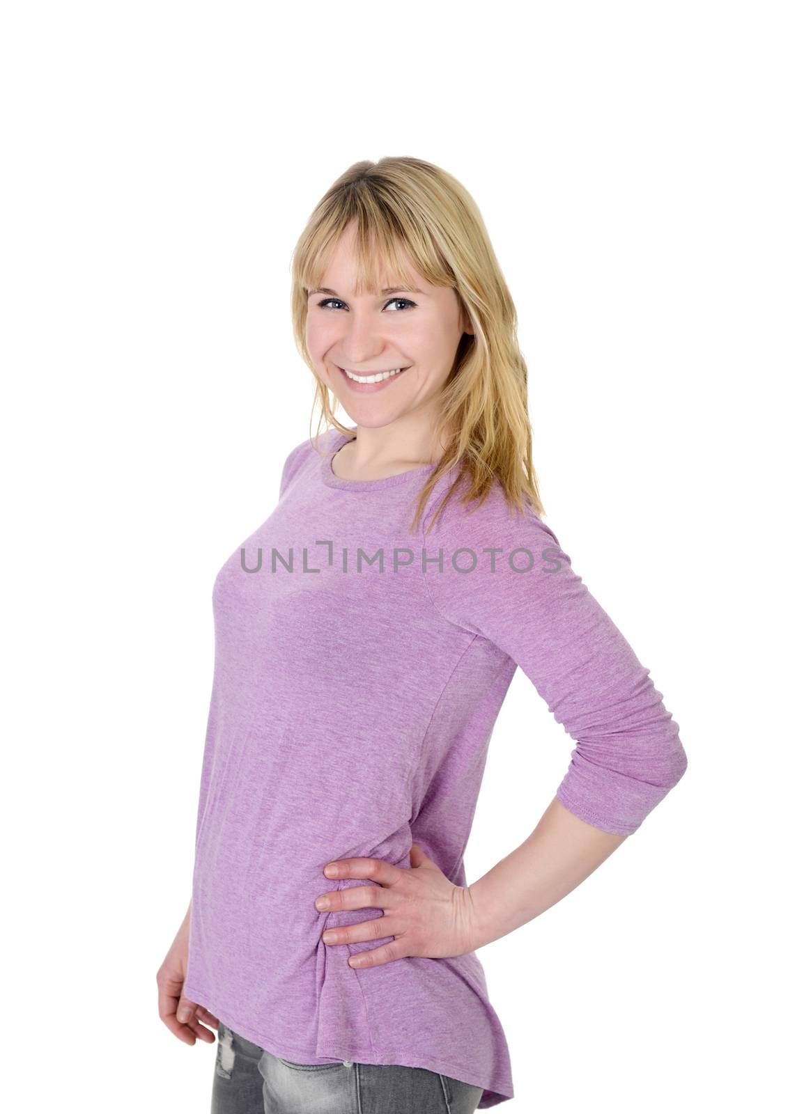 happy young blond woman against white background