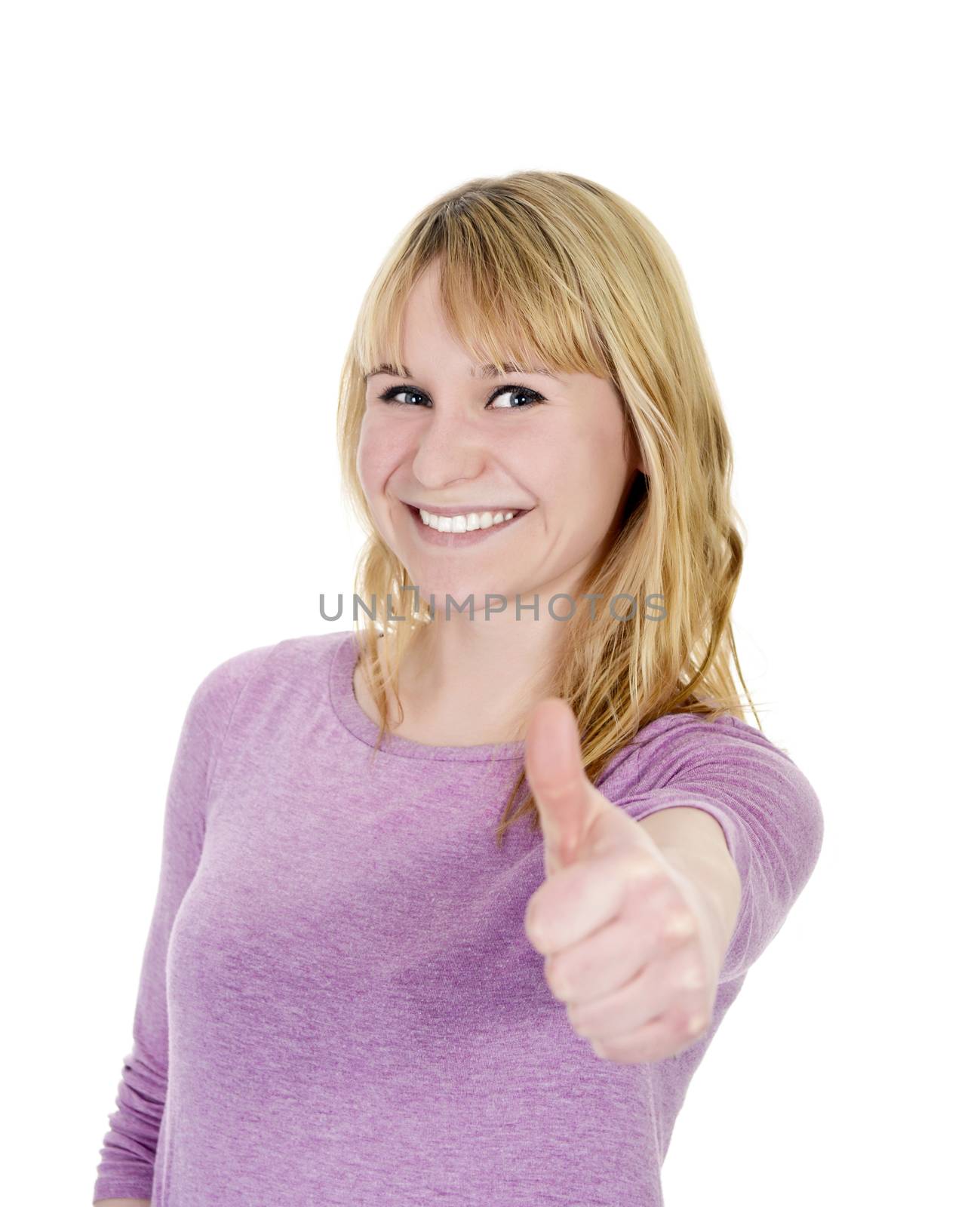 beautiful young blond woman shows thumb up