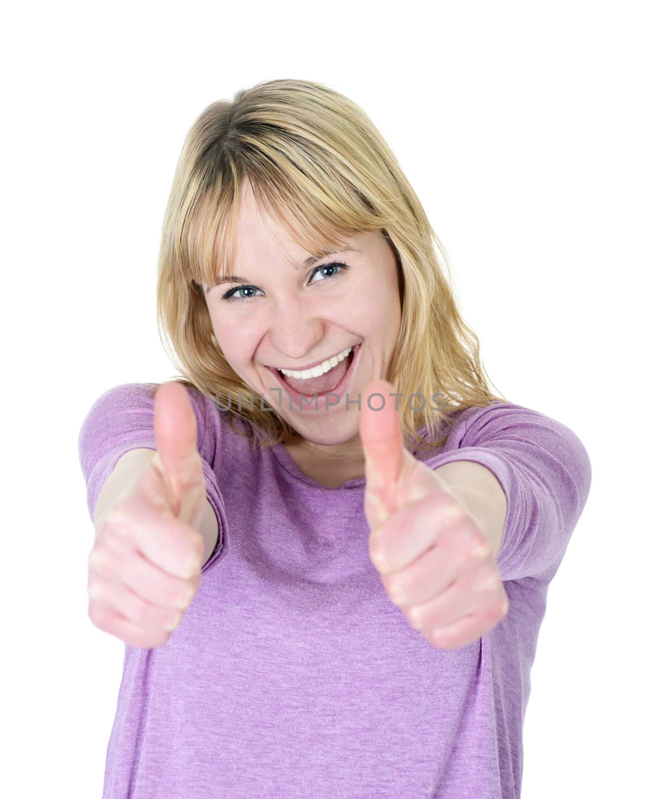  beautiful young blond woman shows thumbs up