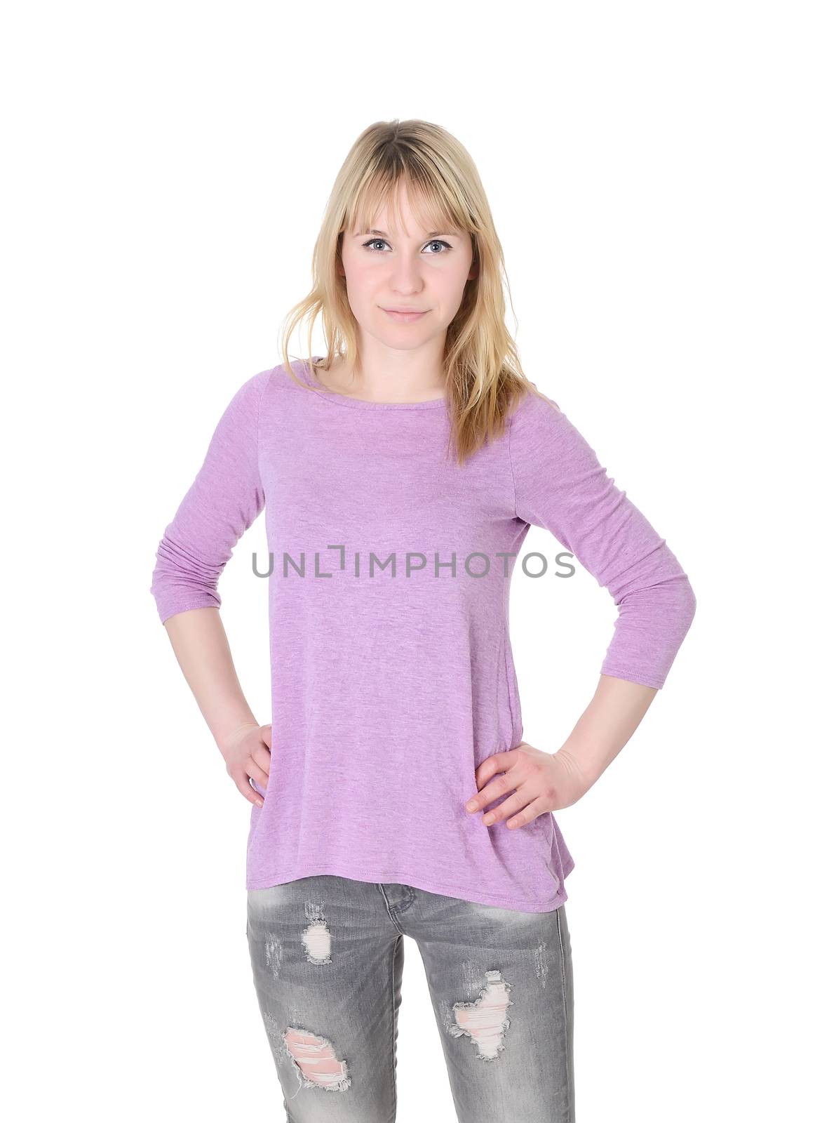 happy young blond woman against white background