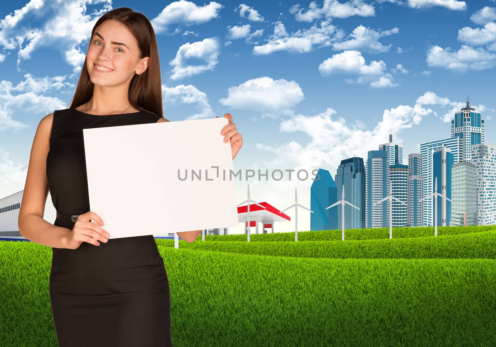 Businesswoman hold white paper. Blue sky, green grass and city as backdrop