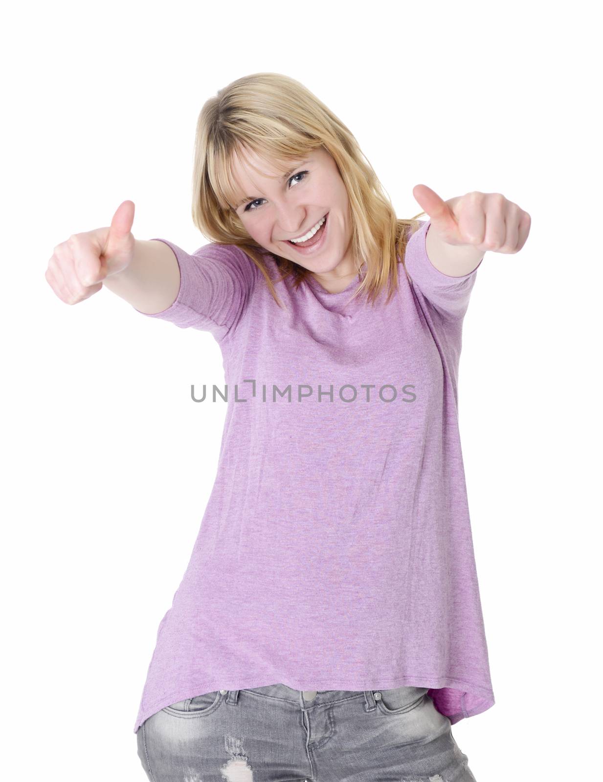 beautiful young blond woman shows thumbs up