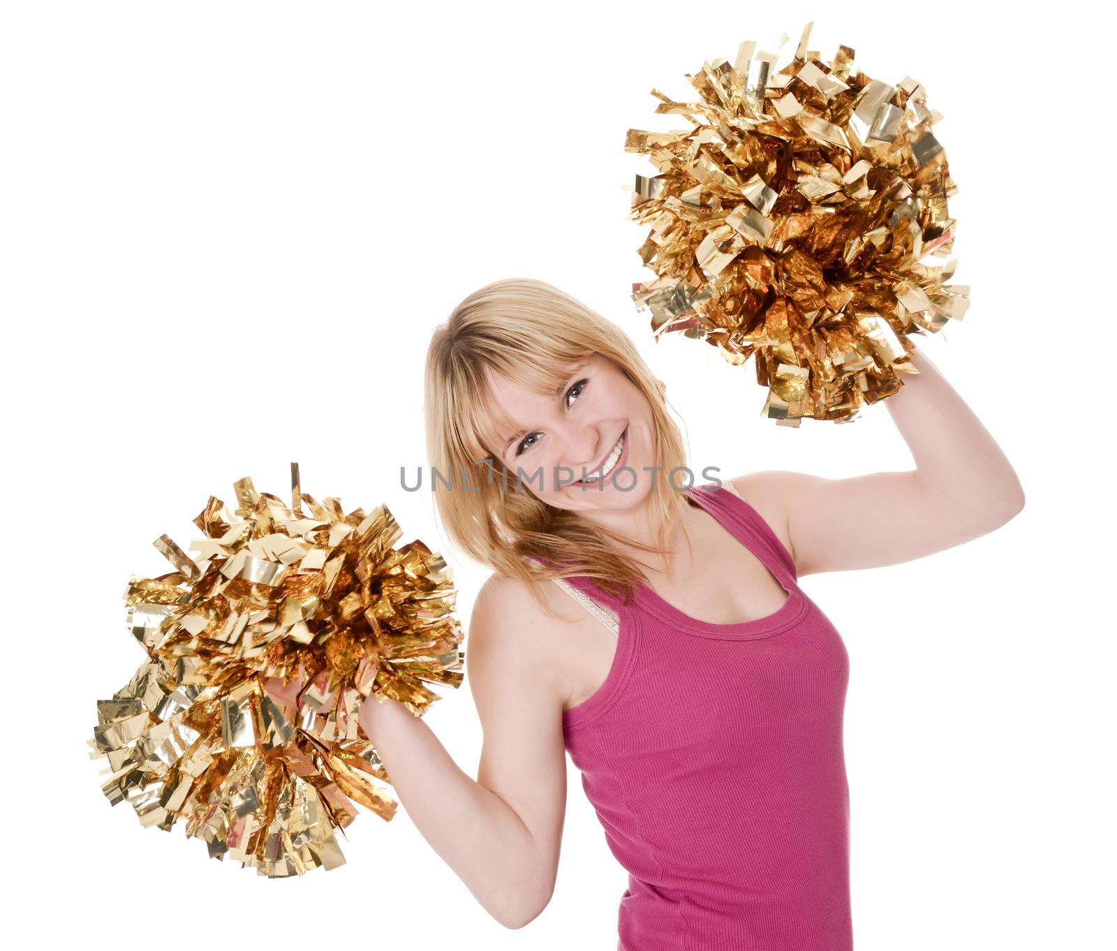  laughing young blond cheerleader rejoicing