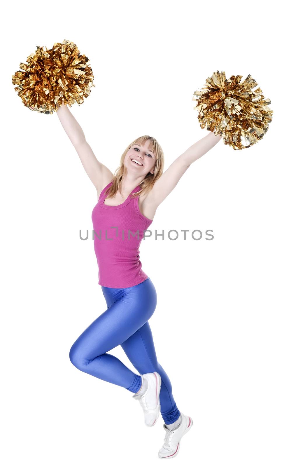  laughing young blond cheerleader rejoicing
