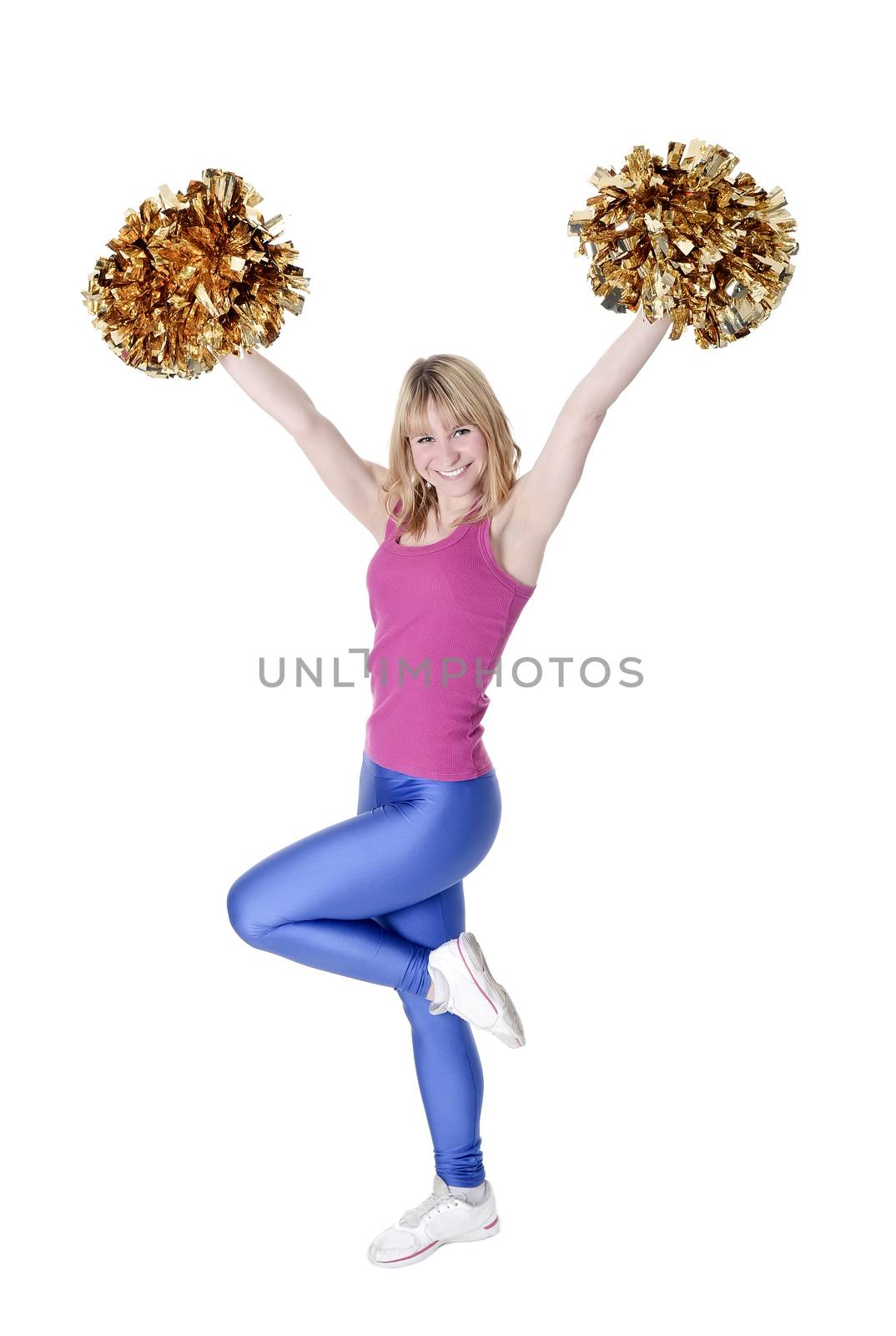  laughing young blond cheerleader rejoicing