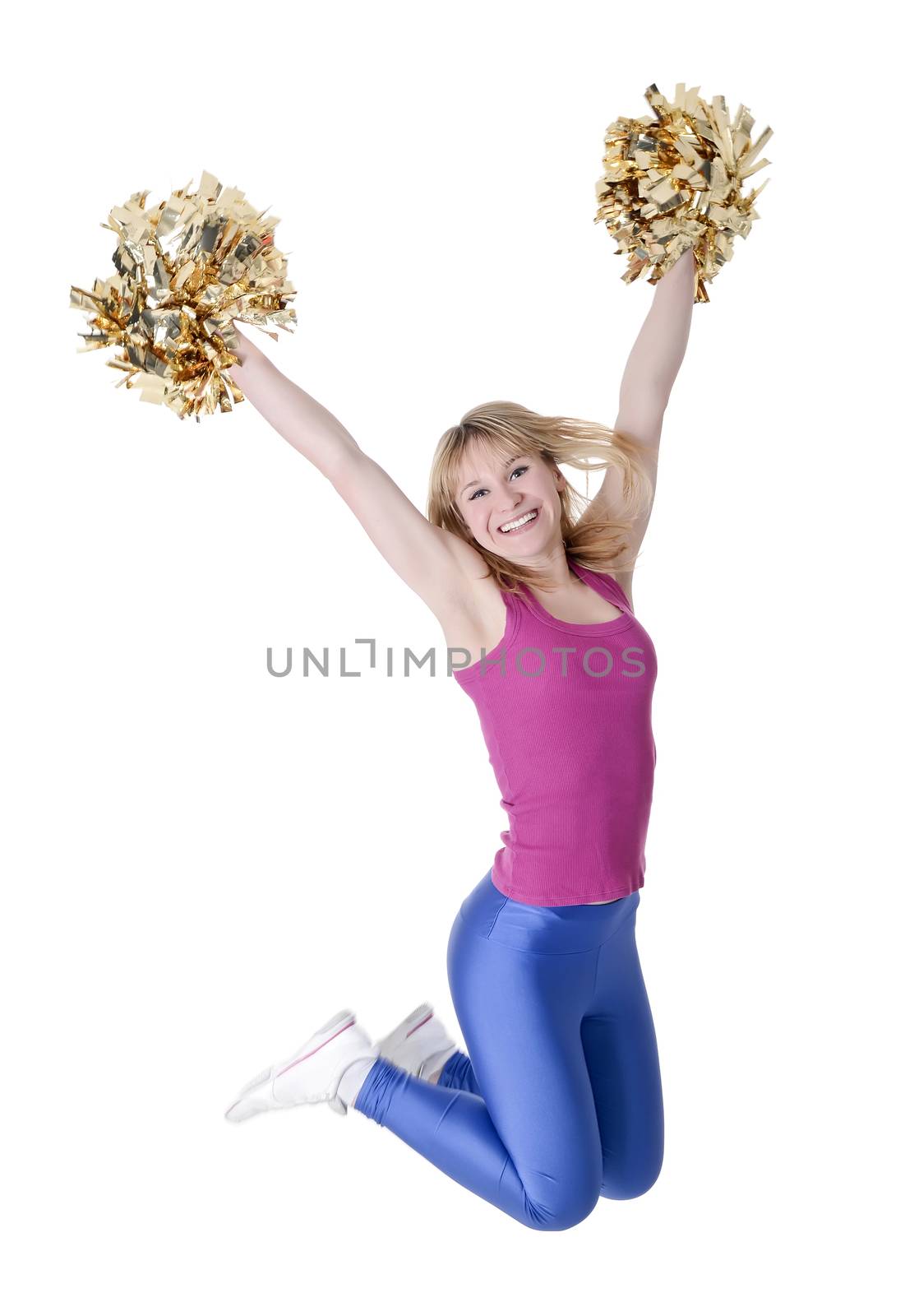  laughing young blond cheerleader jumping