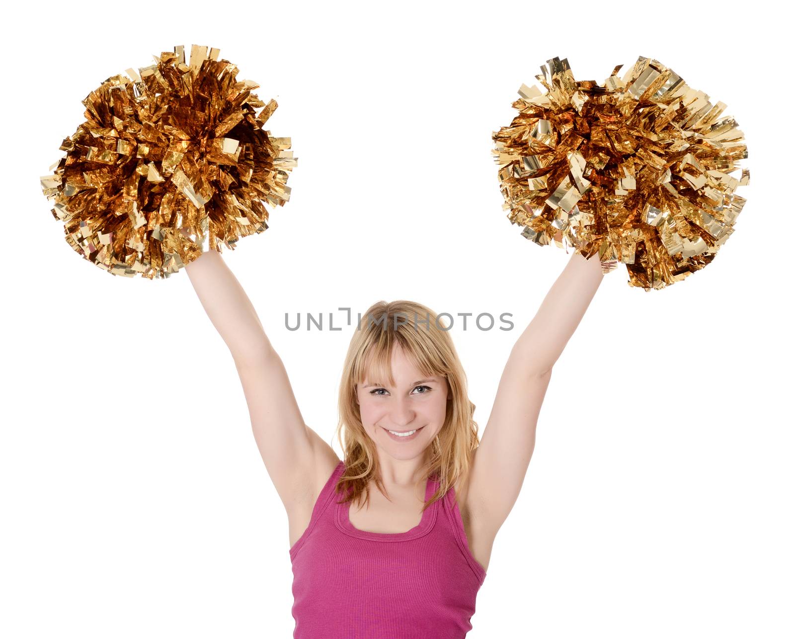  laughing young blond cheerleader rejoicing