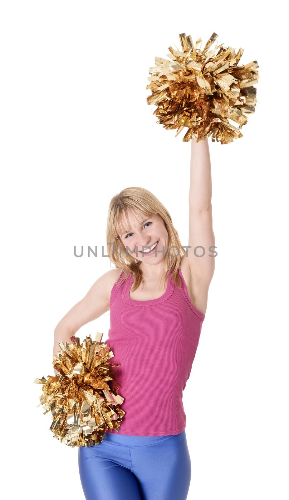 laughing young blond cheerleader rejoicing
