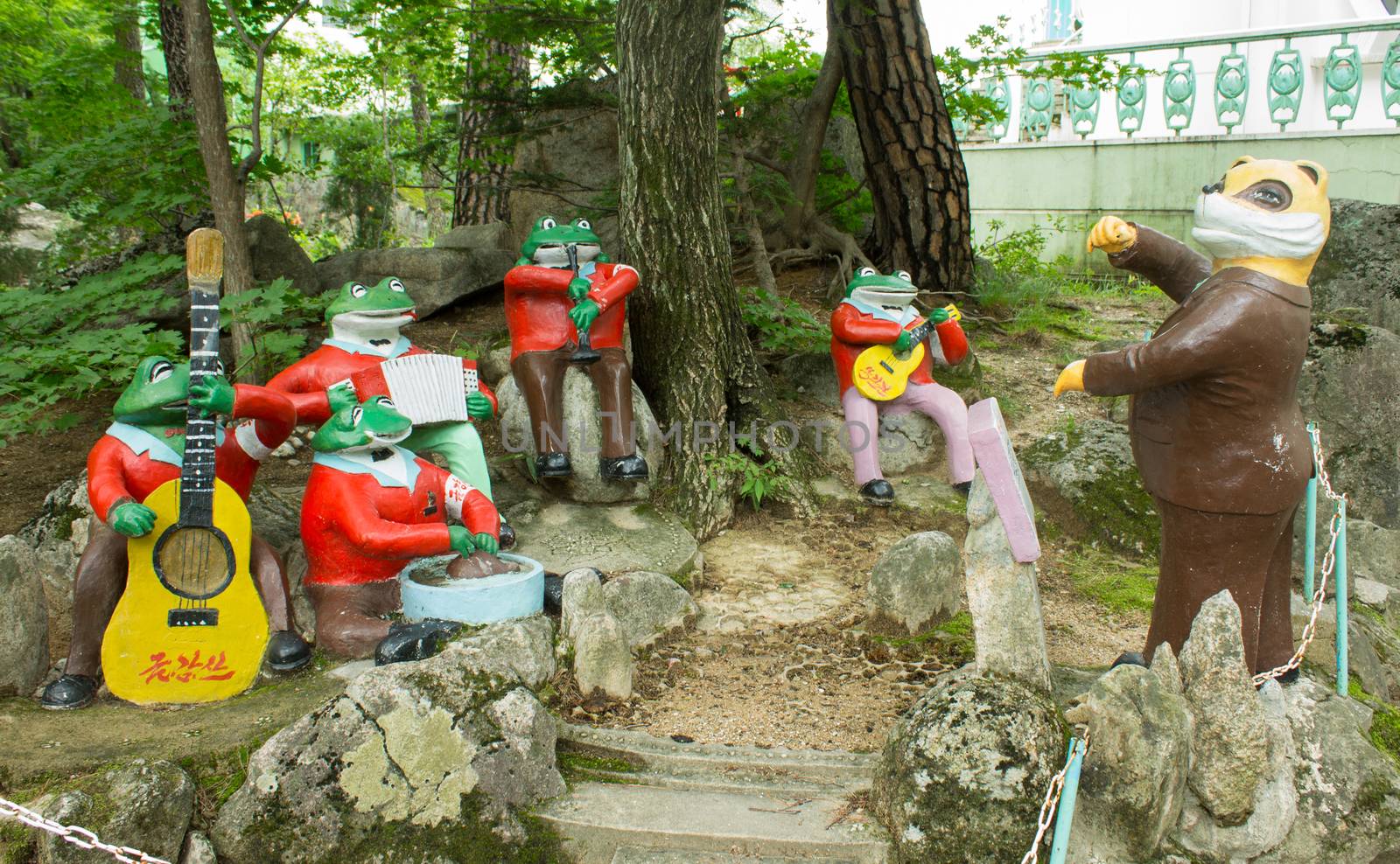 frogs playing musical instruments. North Korea. mount Kumgang