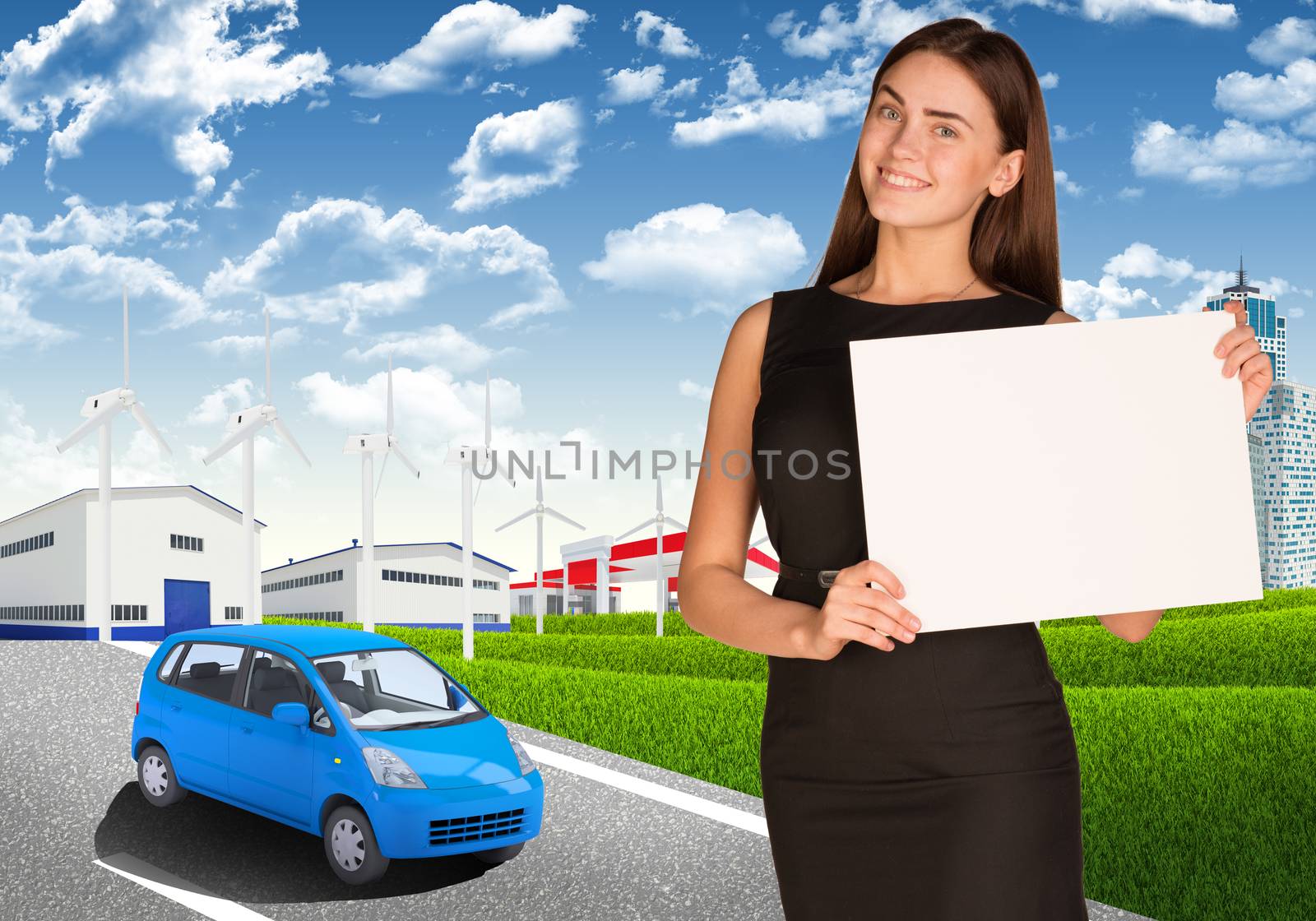 Businesswoman holding paper holder. Road, skyscrapers and industrial area as backdrop